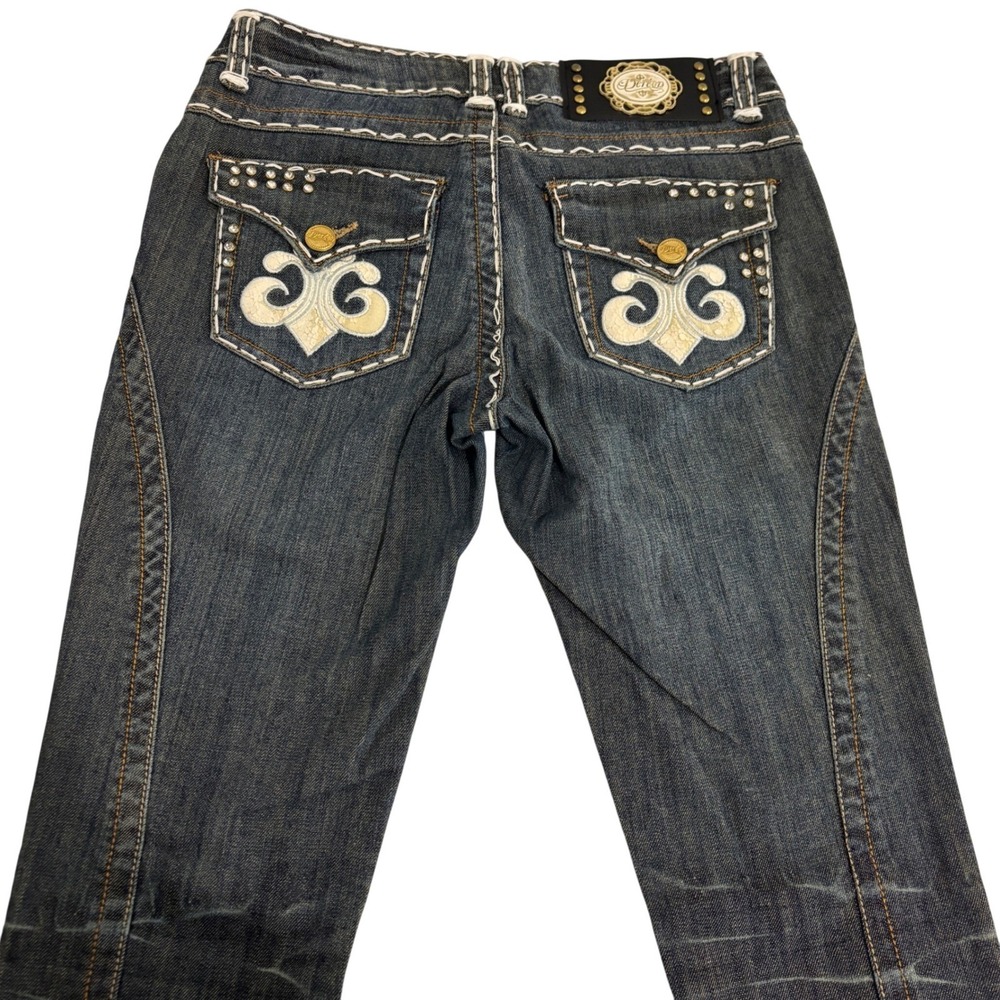 Dereon Skinny Blue Jeans Juniors 1 27x32 Rhinestone Studs Straight Leg Stretch